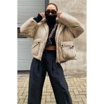 Madmext Bej Oversize Şişme Mont, Cepli, Kapüşonlu, M Beden