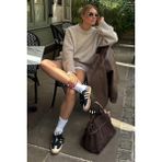 Madmext Bej Oversize Triko Kazak Kadın Fermuarlı Yaka Günlük Stil MG1972