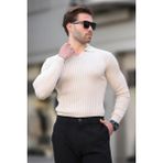 Madmext Bej Polo Yaka Çizgili Uzun Kollu Erkek Kazak 7289 - S