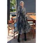 Madmext Bej V Yaka Beli Lastikli Desenli Şifon Elbise Mg2225,Bej S