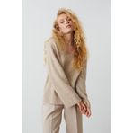 Madmext Bej V Yaka Oversize Kadın Triko Kazak Mg2149,Bej L