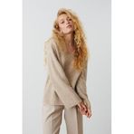Madmext Bej V Yaka Oversize Kadın Triko Kazak Mg2149,Bej S