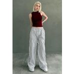 Madmext Beyaz Beli Ayarlanabilir Çizgili Cepli Bol Paça Kadın Pantolon Mg2312