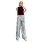 Madmext Beyaz Beli Ayarlanabilir Çizgili Cepli Bol Paça Kadın Pantolon Mg2312,Beyaz M