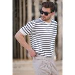 Madmext Beyaz Bisiklet Yaka Çizgili Kısa Kollu Erkek Tişört 6884 - 2XL