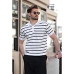 Madmext Beyaz Çizgili Polo Yaka Triko Erkek T-shirt E7405 - 2XL