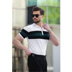 Madmext Beyaz Fermuarlı Polo Yaka Çizgili Erkek Tişört E7406