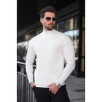 Madmext Beyaz Yarım Fermuarlı Dik Yaka Erkek Triko Kazak 7442 - 2XL