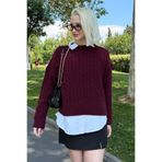 Madmext Bordo Bisiklet Yaka Örgü Desenli Kadın Triko Kazak Mg2520,Bordo L