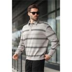 Madmext Boyalı Gri Çizgili Polo Yaka Erkek Sweatshirt E7172,Boyalı Gri XL
