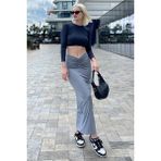 Madmext Boyalı Gri Önden Büzgülü Midi Etek MG2084 - XL