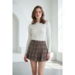 Madmext Camel %100PAMUKLU Ekose Desen Pileli Mini Şort Etek MG2629