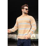 Madmext Camel Çizgili Triko Erkek Kazak E7457 - XL