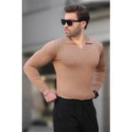 Madmext Camel Polo Yaka Çizgili Uzun Kollu Erkek Kazak 7289 - S