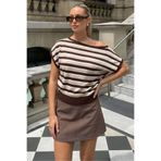 Madmext Çizgili Kahve Düşük Omuz Triko Bluz MG2796