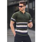 Madmext Çizgili Triko Haki Polo Yaka Tişört