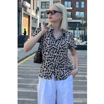 Madmext Ekru Leopar Desenli Kısa Kollu Kadın Gömlek