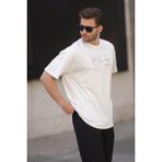 Madmext Ekru Overfit Bisiklet Yaka Sırt Baskılı Kısa Kollu Erkek Tişört 7037 - XL