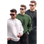 Madmext Ekru/Haki/Siyah Bisiklet Yaka Oversize Şardonlu Basic Erkek 3'Lü Paket Sweatshirt E7448,Çok Renkli L