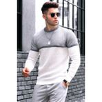 Madmext Erkek Beyaz Blok Desenli Bisiklet Yaka Regular Fit Kazak – %70 Yün %30 Pamuk, Rahat Kesim - 2XL