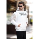 Madmext Erkek Kapüşonlu, Cep Detaylı, Baskılı Sweatshirt, Ekru, XL