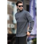 Madmext Füme Fermuar Yakalı Çizgili Sweatshirt 7056,Füme L
