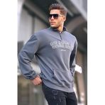 Madmext Füme Fermuar Yakalı Nakışlı Sweatshirt 6026,Füme L