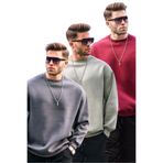 Madmext Füme/Mintyeşili/Bordo Bisiklet Yaka Oversize Şardonlu Basic Erkek 3'Lü Paket Sweatshirt E7448,Füme/Mintyeşili/Bordo L