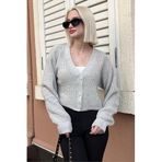 Madmext Gri Uzun Kollu Düğmeli Crop Hırka Mg2198,Gri M