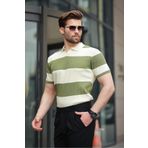 Madmext Haki Polo Yaka Çizgili Erkek Triko Tişört E7411