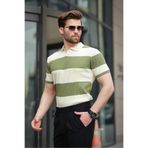 Madmext Haki Polo Yaka Çizgili Erkek Triko Tişört E7411,Haki XL
