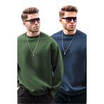Madmext Haki/Lacivert Bisiklet Yaka Oversize Şardonlu Basic Erkek 2'Li Paket Sweatshirt E7447,Haki/Lacivert S