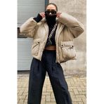 Madmext Kadın Bej Oversize Şişme Mont, Kapüşonlu, Cepli, L Beden