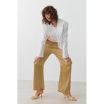 Madmext Kadın Bej Saten Beli Büzgülü Bol Paça Pantolon, L Beden