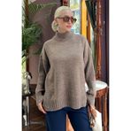 Madmext Kahverengi Balıkçı Yaka, Fitilli Triko, Oversize Kadın Kazak