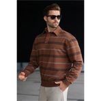 Madmext Kahverengi Çizgili Polo Yaka Erkek Sweatshirt E7172