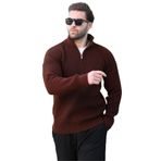 Madmext Kahverengi Fermuar Yaka Triko Erkek Kazak E7295,Kahverengi S