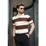 Madmext Kahverengi Polo Yaka Çizgili Erkek Triko Tişört E7411