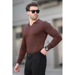 Madmext Kahverengi Polo Yaka Çizgili Uzun Kollu Erkek Kazak 7289 - 2XL