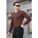 Madmext Kahverengi Polo Yaka Çizgili Uzun Kollu Erkek Kazak