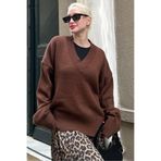 Madmext Kahverengi V Yaka Oversize Kadın Triko Kazak Mg2149,Kahverengi M