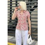 Madmext Kırmızı Çiçek Desenli Kısa Kollu Kadın Gömlek MG2098