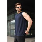 Madmext Lacivert Bisiklet Yaka Jakarlı Kolsuz Erkek Tişört E7180