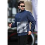 Madmext Lacivert Fermuar Yakalı Çizgili Sweatshirt 7056
