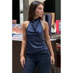 Madmext Lacivert Halter Yaka Saten Bluz MG2685