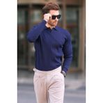 Madmext Lacivert Polo Yaka Uzun Kollu Kazak Erkekler İçin Klasik Çizgili Tasarım - 2XL