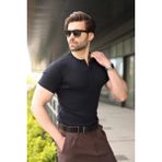 Madmext Lacivert Yarım Düğmeli Slim Fit Erkek Tişört E7186