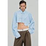 Madmext Mavi Crop Gömlek Uzun Kol Bebe Yaka Düz Desen %90 Polyester %10 Likra MG1644