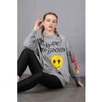 Madmext MG1207 Füme Mad Girls Baskılı Oversize Kadın Sweatshirt