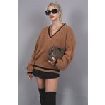 Madmext MG1373 Kadın Camel V Yaka Triko Kazak